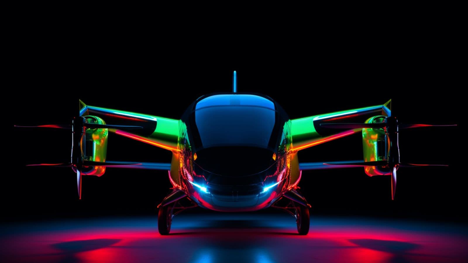 Advanced hydrogen aerospace aircraft illuminated against a black background
